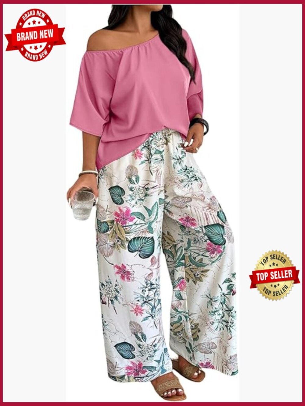 Plus Size 2 Piece Vacation Outfit Off The Shoulder Top and Boho Print Pants Set